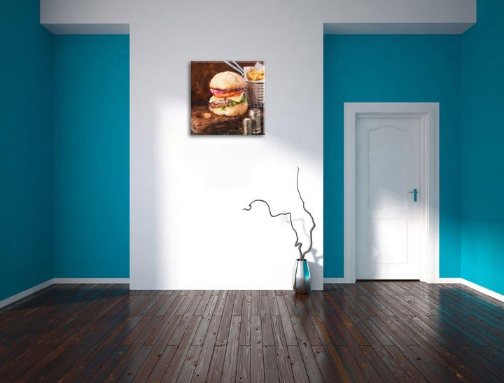 Pixxprint Cheesburger mit Pommes Pinsel Effekt, Format: 70x70 auf Leinwand, 70x70