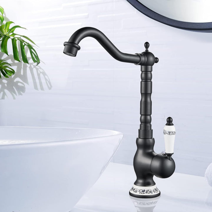 AIMOYO Wasserhahn Bad Schwarz, Hoch Waschtischarmatur Retro mit 360° Drehbarer Auslauf, Einhebelmisc