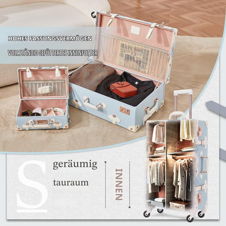 Unitravel Vintage Koffer Set 2 Teilig, Retro PU-Leder Handgepäck Koffer mit Kosmetikkoffer, Blau Kar