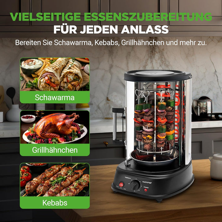 NutriChef Heissluft-Multiofen mit Drehspiess – 21L Mini-Backofen mit Umluft und Grillfunktion Dönerg