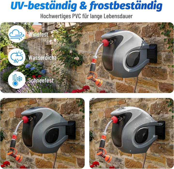 30m Automatische Gartenschlauchtrommel mit 9-fach Sprühdüse, Wandhalterung &amp; verstellbarer Rückholsp