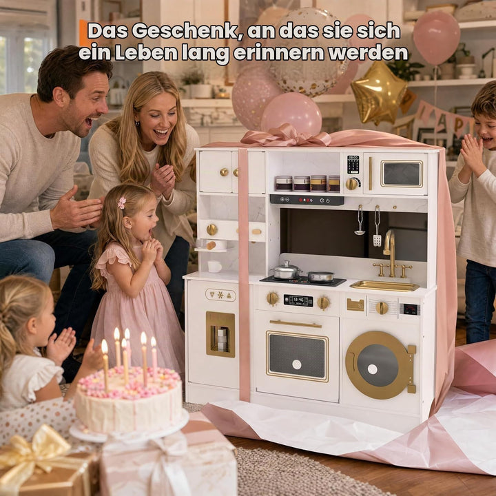 Kinderküche Holz mit Licht, Geräuschen, Herd und Zubehör Weiss, Weiss
