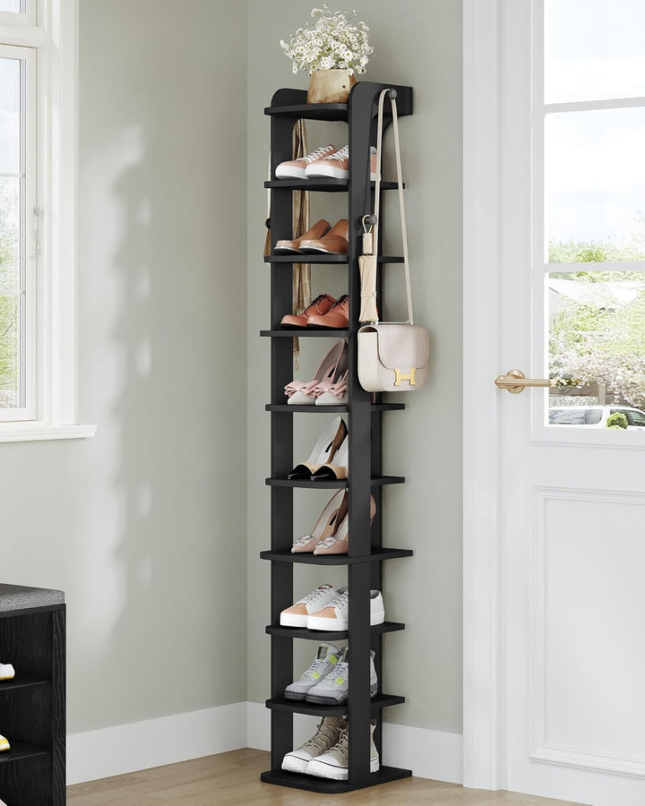 Hzuaneri Schuhregal, Schuhablage mit 10 Ebenen, Holz-Schuh-Organizer mit Haken, Verstellbar, Platzsp