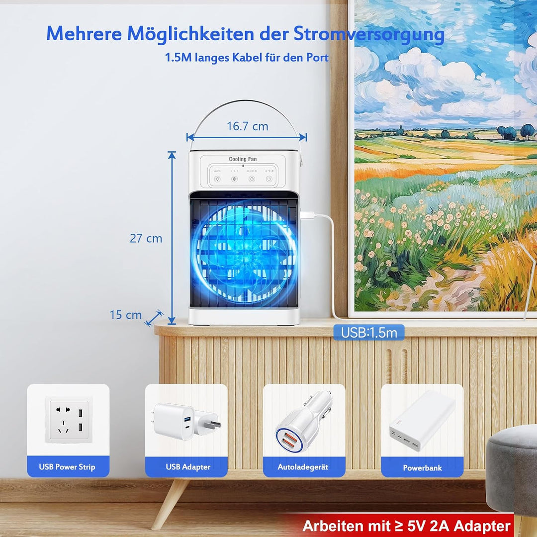 Mobile Klimaanlage,Mini Luftkühler mit Wasserkühlung und 1100ML Wassertank, 3 Luftgeschwindigkeiten