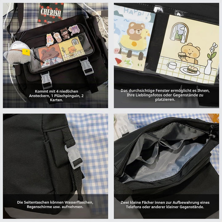 Modische Umhängetasche mit niedlichen Accessoires Casual Nylon Messenger Bag Leichte Handtasche und