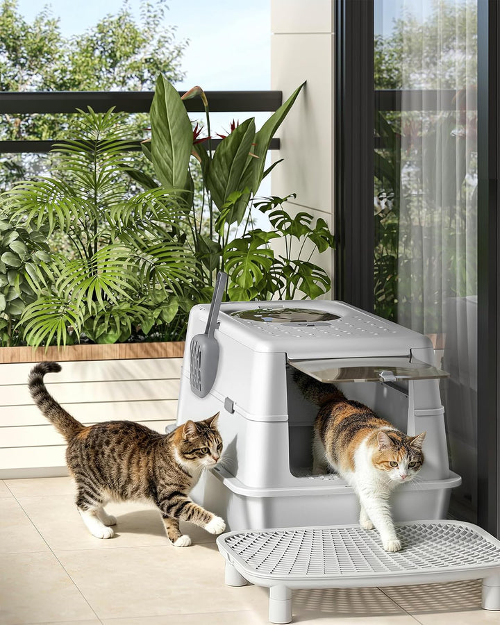 Hzuaneri Edelstahl Katzenklo XXL mit Deckel, Doppeltür, 60 × 40 × 42 cm, Geschlossenes Katzentoilett