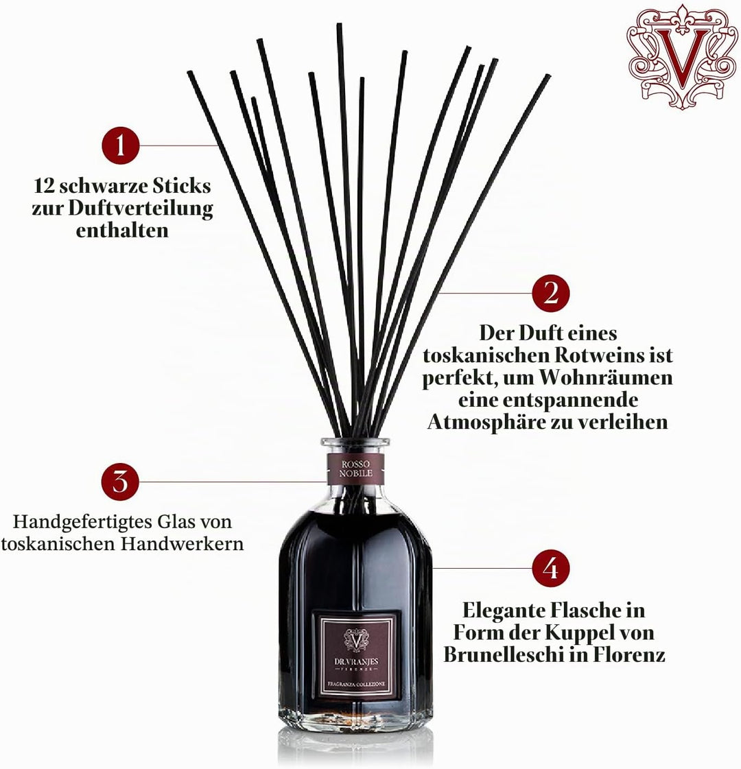 Dr. Vranjes – Rosso Nobile Diffuser 500 ml mit Schwarze Stäbchen - Luxus-Raumduft, Made in Italy, Ha