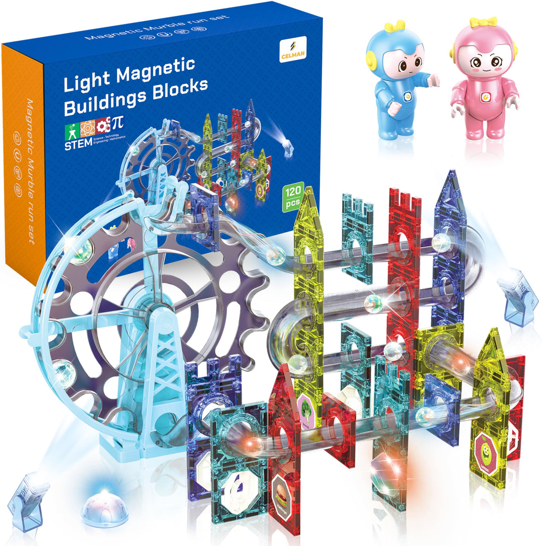 CELMAN Magnetische Bausteine 120 Teile Magnete Bauklötze Murmelbahn mit Zubehör, Montessori Spielzeu