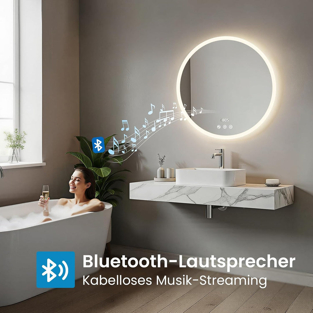 Heilmetz LED Badspiegel Rund 60cm mit Bluetooth Lautsprecher &amp; Acrylrahmen, Badezimmerspiegel mit Be