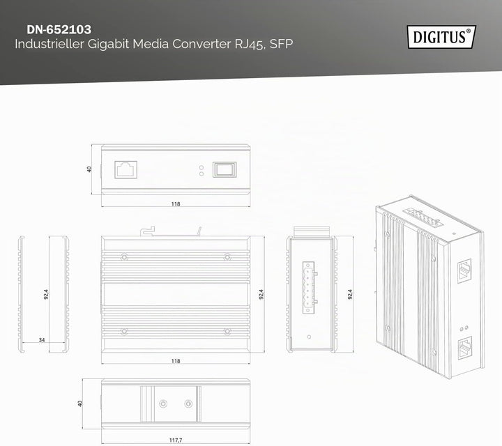 DIGITUS DIN-Rail Medienkonverter - SFP Port - Gbit Ethernet - RJ45 / SFP - 10/100/1000BaseTX zu 1000