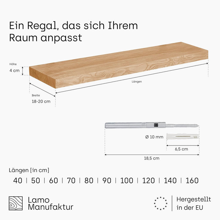 LAMO Manufaktur Schweberegal Holz mit unsichtbarer Befestigung | Wandregal 120 cm breit für Wohnzimm