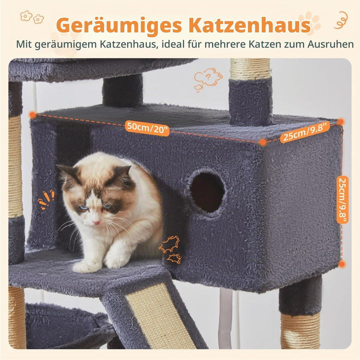 Taoqimiao 146CM Kratzbaum Gross, Katzenbaum Katzen Kratzbaum Grosse Katzen Stabil mit 2 Katzenhaus,