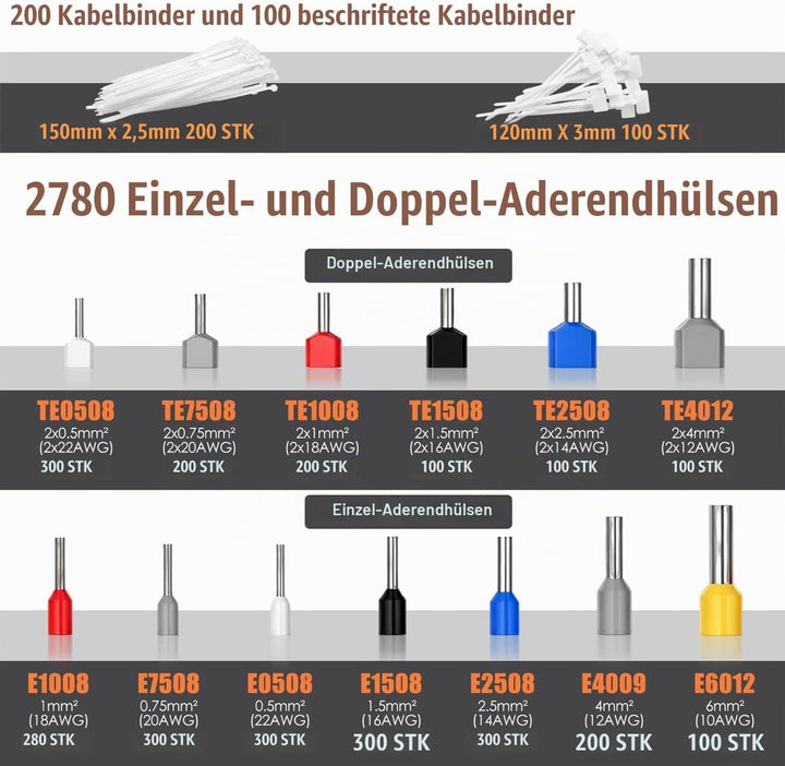 Crimpzange mit 2780 Aderendhülsen Set, Aderendhülsenzange für 0,25–6mm²