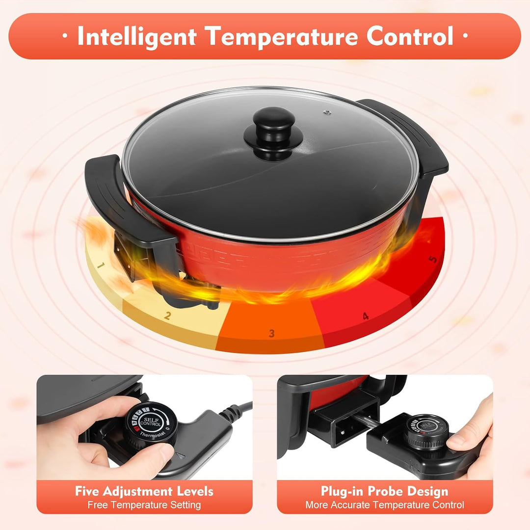 1300W Hot Pot Elektrisch, Elektrischer Topf mit Glasdeckel 6L Doppelseitig Hotpot