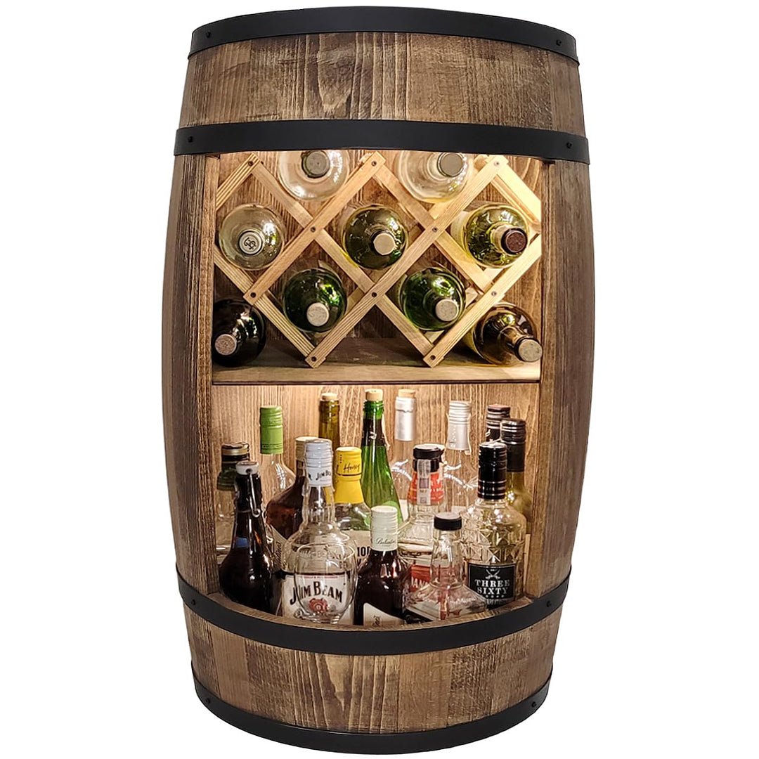 weeco Fassbar mit LED Beleuchtung und Weinhalter. Weinregal - Holzfass Hausbar 80cm. Rustikaler deko