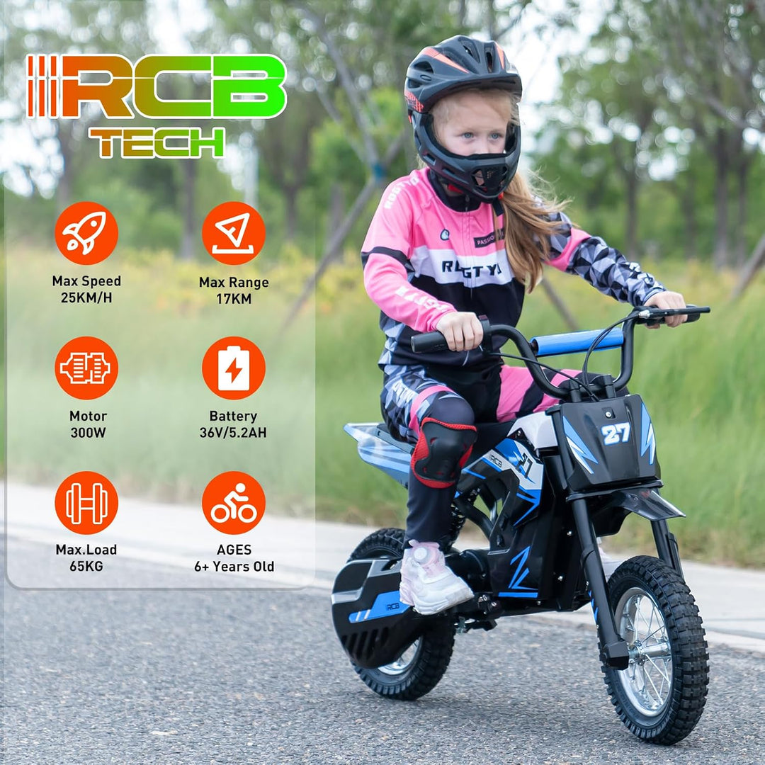 RCB TECH R9X Elektro Motorrad Kinder, Elektromotorrad mit 3 Geschwindigkeitsmodus, Max 25km/h, 36V/5