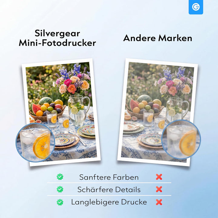 Silvergear® Fotodrucker für Smartphone | Mini Drucker Bluetooth mit App | iOS &amp; Android | 300dpi Sof