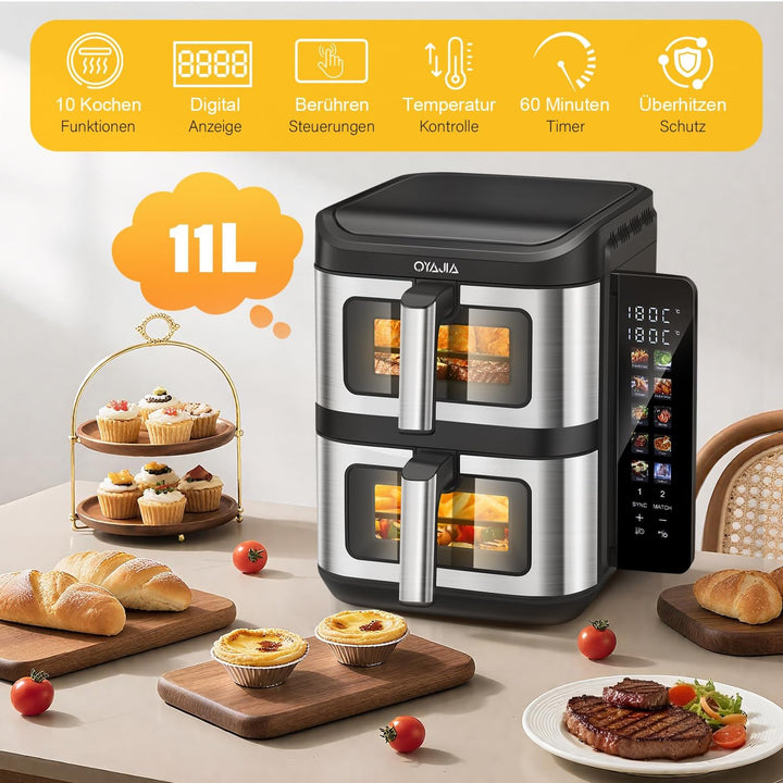 Klappbarer Farbbildschirm 5,5 L &amp;5,5 L (11 L) 2800 W (200 °C) 12 voreingestellte Modi-Stacked Dual B