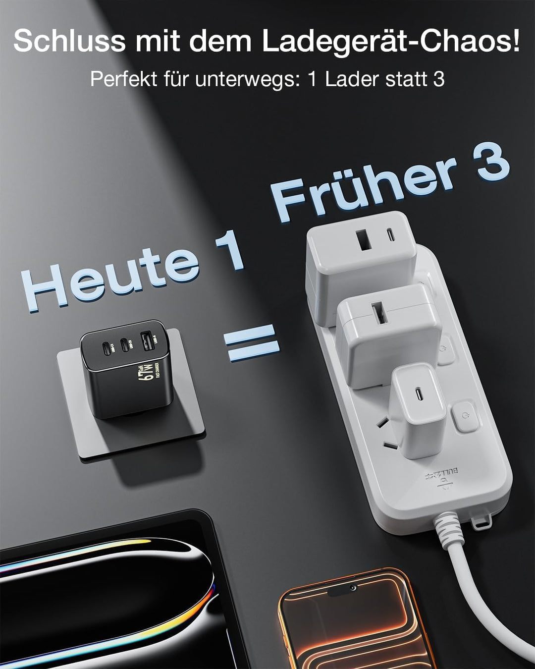 USB C Ladegerät 67W,3-Port GaN Schnellladegerät,Laptop Charger mit Kabel 2M Schwarz, Schwarz