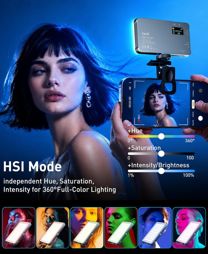 Selfie Licht mit RGB-Vollfarbe, 135 LED 4000mAh CRI96+ LED Videoleuchte mit Hotshoe und Clip,2500K-9