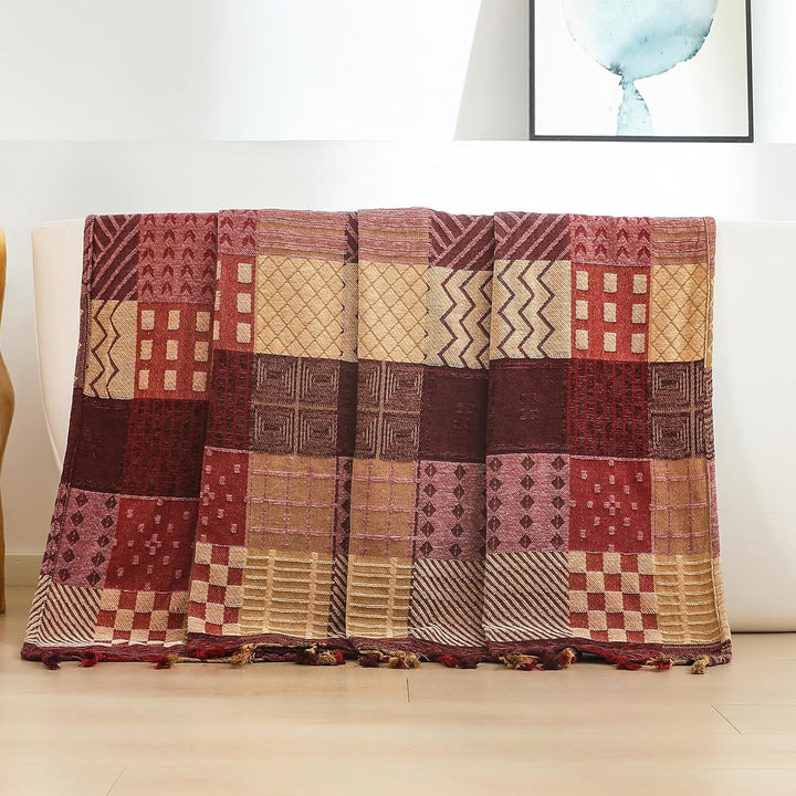 HOORDRY Chenille Gewebte Decke,Patchwork Doppelseitig Überwurf Rot 220 x 260 cm, Rot 220 x 260 cm