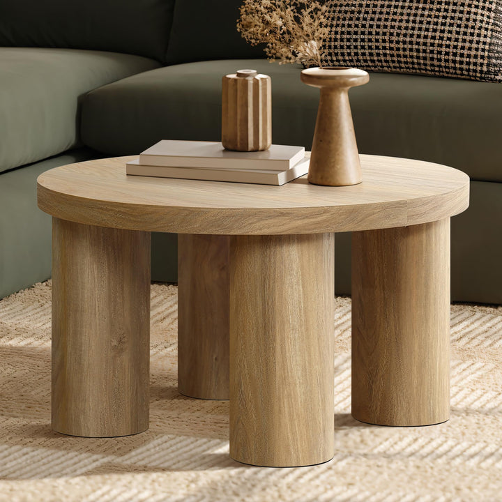Hometopia Couchtisch Rund 70 cm aus Holz mit Säulenbeinen Eichenoptik Ø70 cm X H40 cm, Eichenoptik Ø