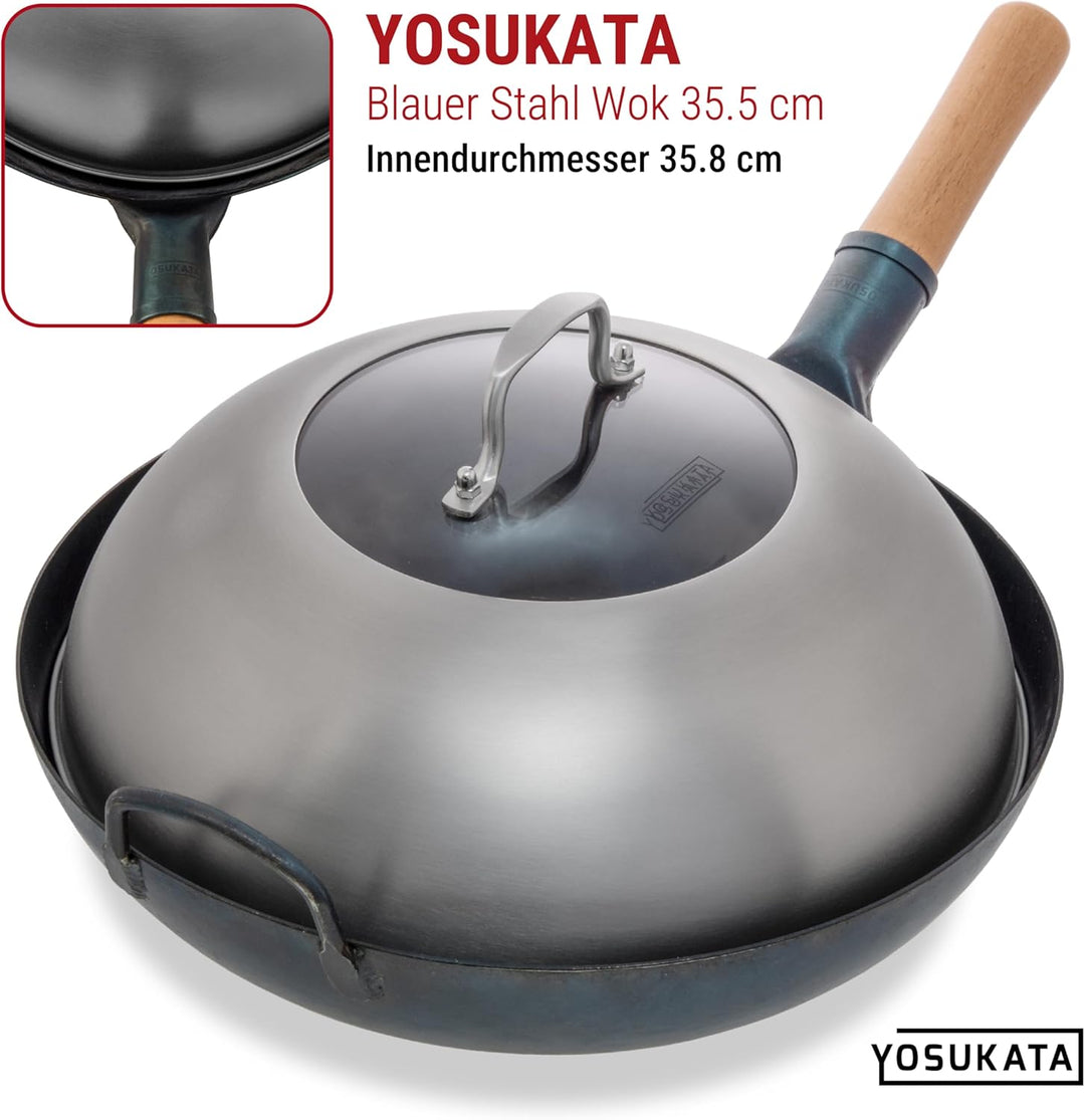 YOSUKATA Wokdeckel 13,6 Zoll Premium Edelstahl Wokabdeckung mit gehärtetem Glaseinsatz Dampflöcher u