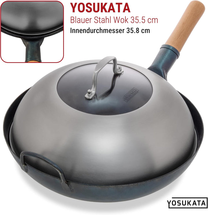 YOSUKATA Wokdeckel 13,6 Zoll Premium Edelstahl Wokabdeckung mit gehärtetem Glaseinsatz Dampflöcher u
