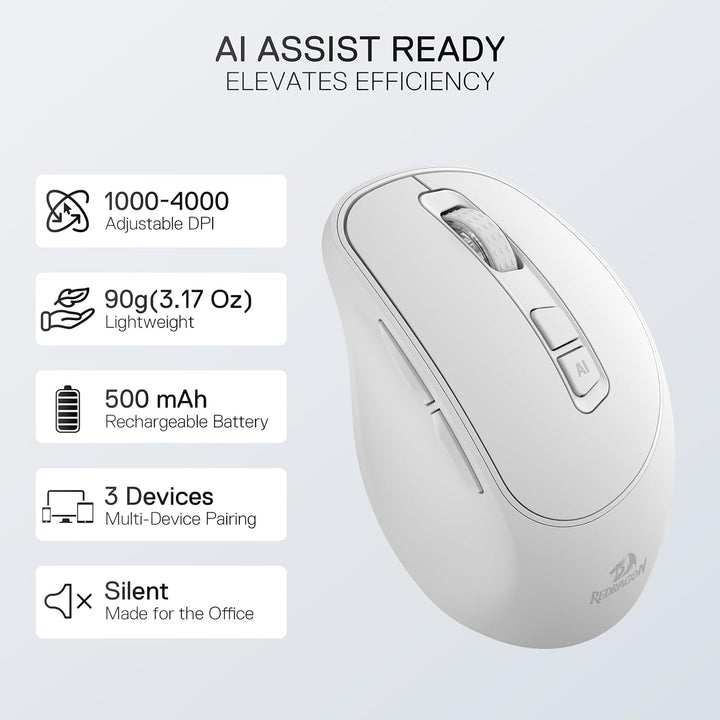 Redragon BM4195 AI Smart Kabellose Maus 2.4G BT Büro Weiss, Weiss