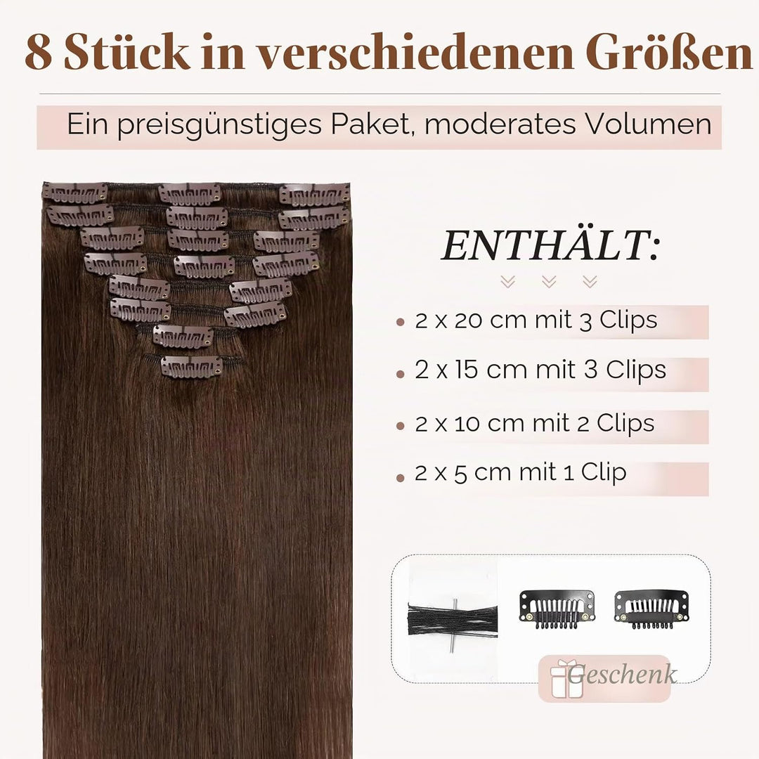 TESS Clip in Extensions Echthaar Braun, Echthaar Extensions Clip 8pcs 25 cm (50 g) Hair Extensions C