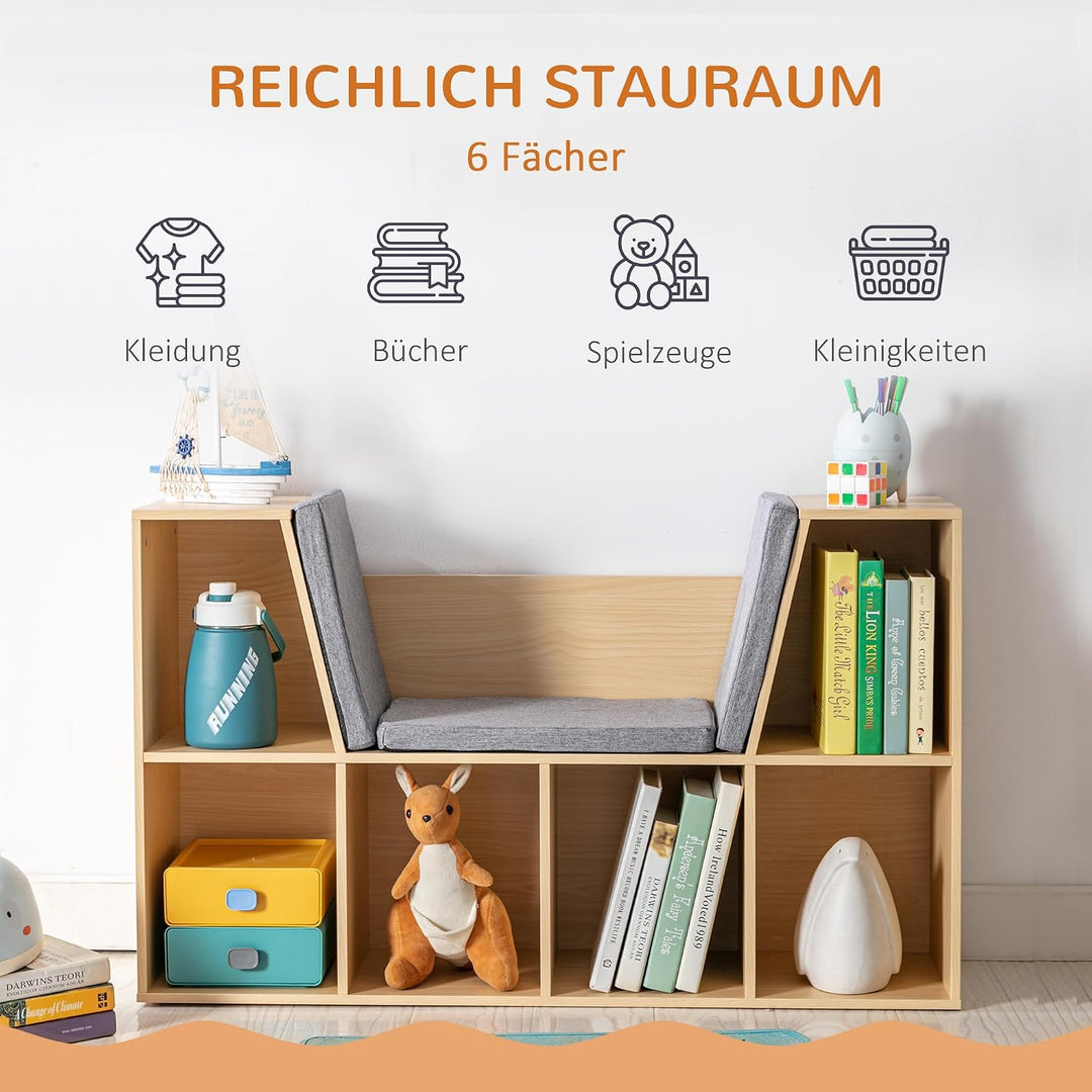 HOMCOM Bücherregal Kinder Kinderregal mit Sitzhocker 6 Fächern 3 Kissen Spielzeugregal Kinderbücherr