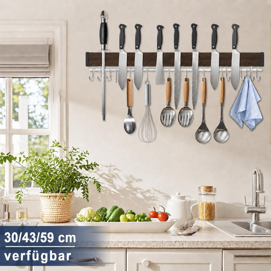 Dmore Magnetleiste Messer mit 15 Haken, 59cm Messerhalter magnetisch aus Edelstahl, Walnuss-Optik Ma