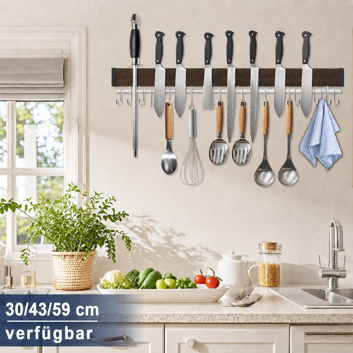 Dmore Magnetleiste Messer mit 15 Haken, 59cm Messerhalter magnetisch aus Edelstahl, Walnuss-Optik Ma