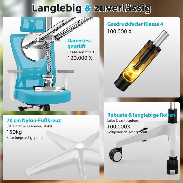 Bürostuhl ergonomisch, Schreibtischstuhl mit Kopfstütze, Lordosenstütze und höhenverstellbaren Armle