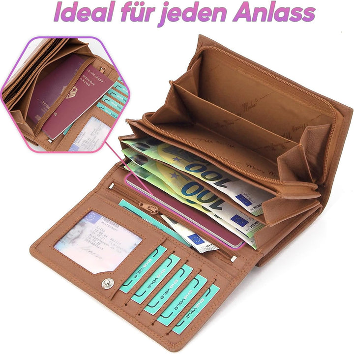 ekavale Damen-geldbörse XXL aus Rindsleder mit RFID Leder-Geldbörse mit vielen Fächern für Frau (Tan