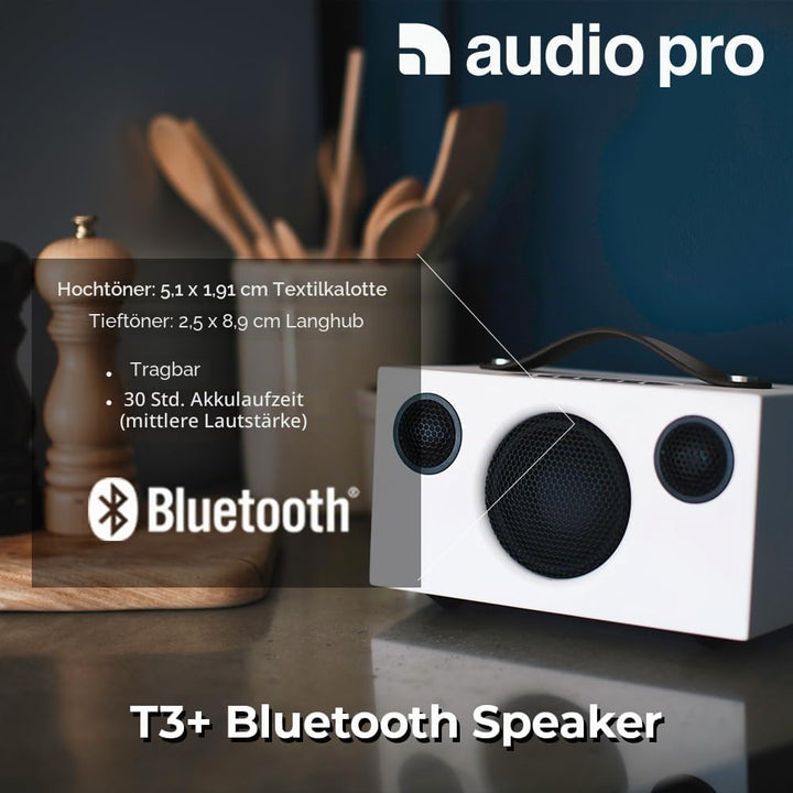 Audio Pro Addon T3+ White - Tragbarer Lautsprecher mit Bassreflexbox, Bluetooth &amp; WiFi - Kabelloser