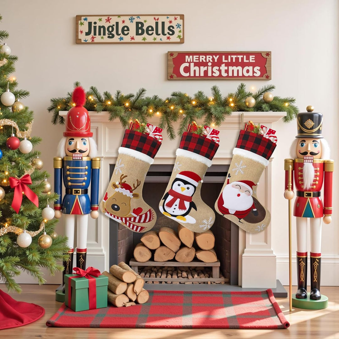 LOMOHOO 3 Stück Weihnachtsstrümpfe 46cm/18Zoll Grosse Bestickte Weihnachtsstrümpfe mit Weihnachtsman