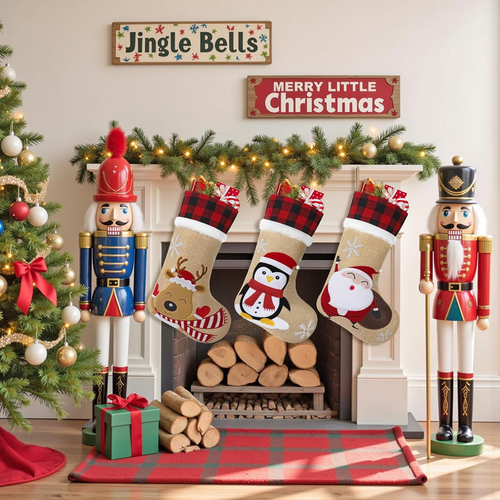 LOMOHOO 3 Stück Weihnachtsstrümpfe 46cm/18Zoll Grosse Bestickte Weihnachtsstrümpfe mit Weihnachtsman