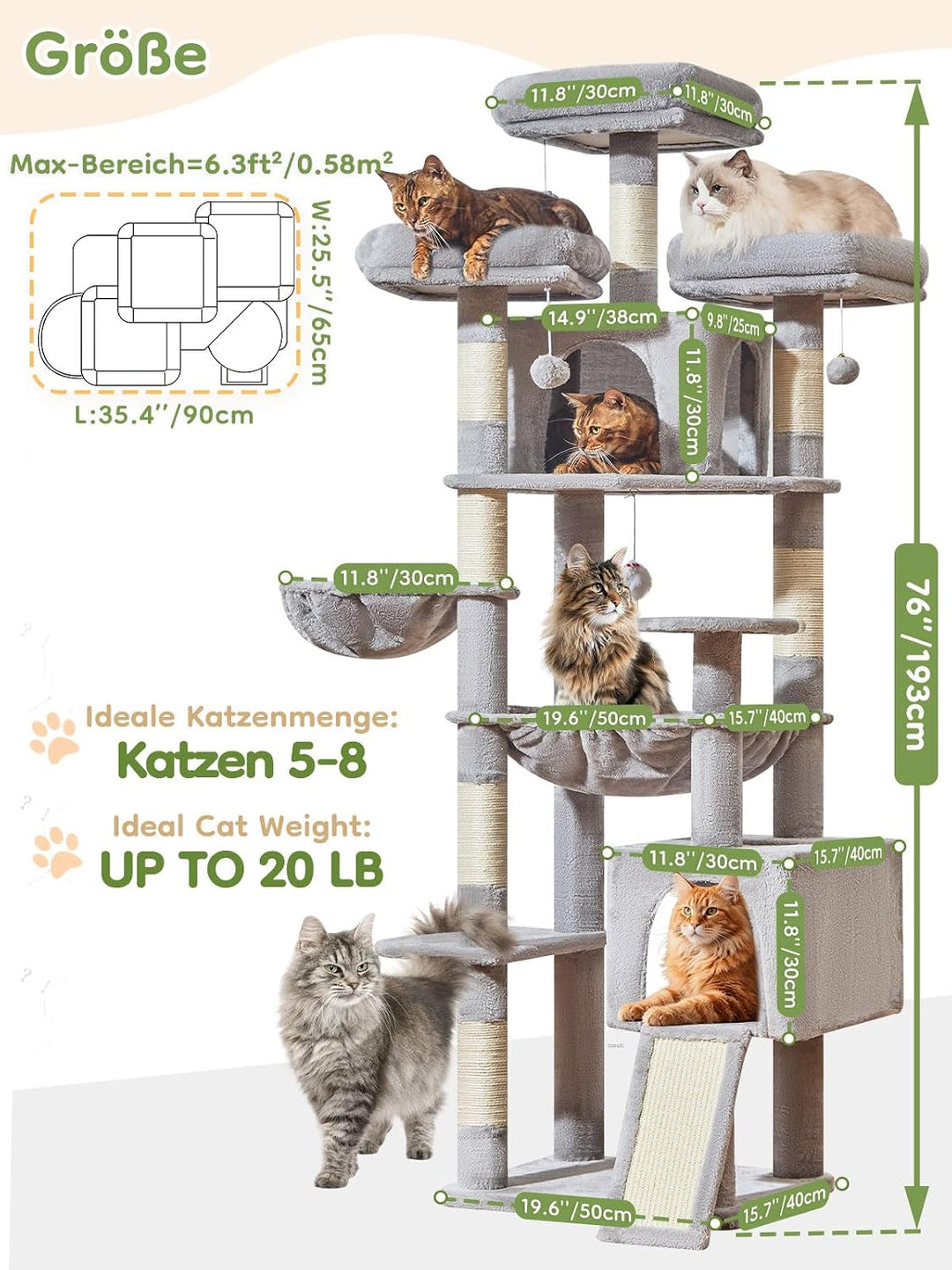 Taoqimiao 193CM Kratzbaum Gross XXL, Katzenbaum Katzenbaum Grosse Katzen Stabil Katzenkratzbaum mit