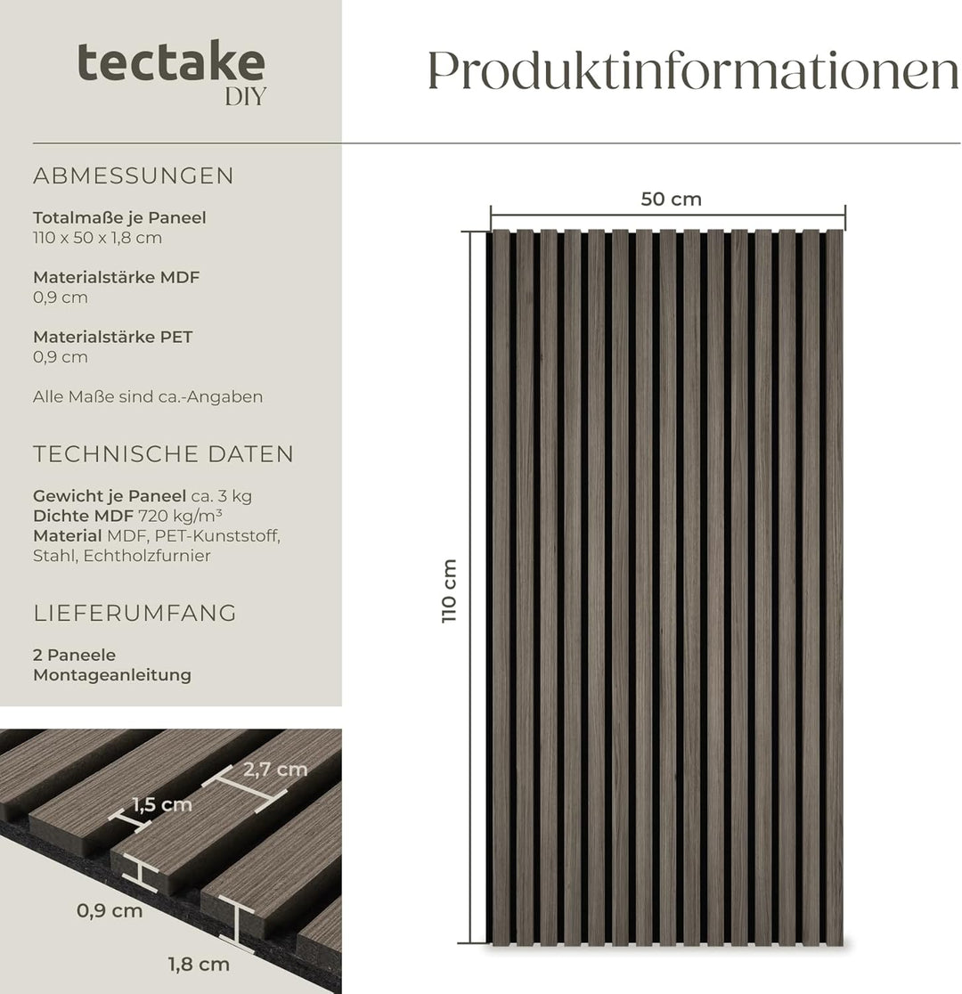 tectake® Akustikpaneele 2er Set mit Echtholzfurnier, effektiver Schallschutz, MDF, Schallabsorber, A