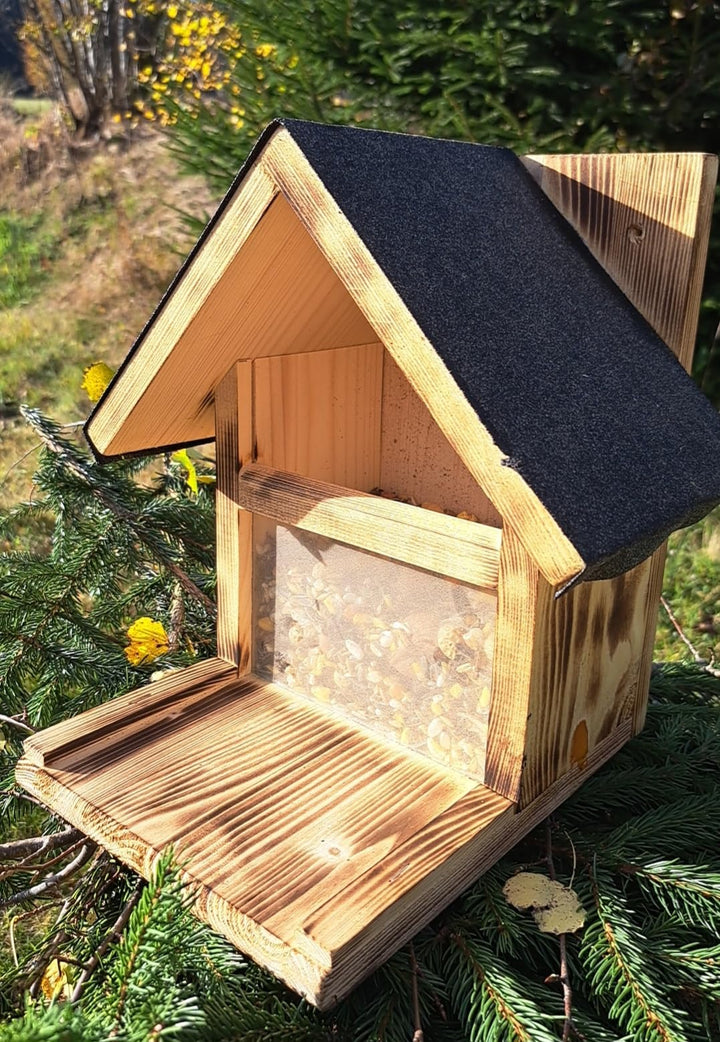 XXL Eichhörnchen Futterhaus Futterstelle für Eichhörnchen, Edel Geflammt mit Spitzdach, E2G