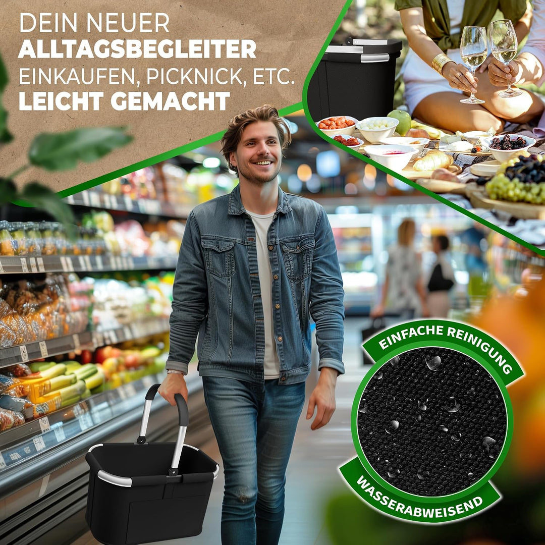 Cottara® 30L Einkaufskorb – stabiler Tragekorb mit Henkel, Schwarz Silber, Schwarz Silber