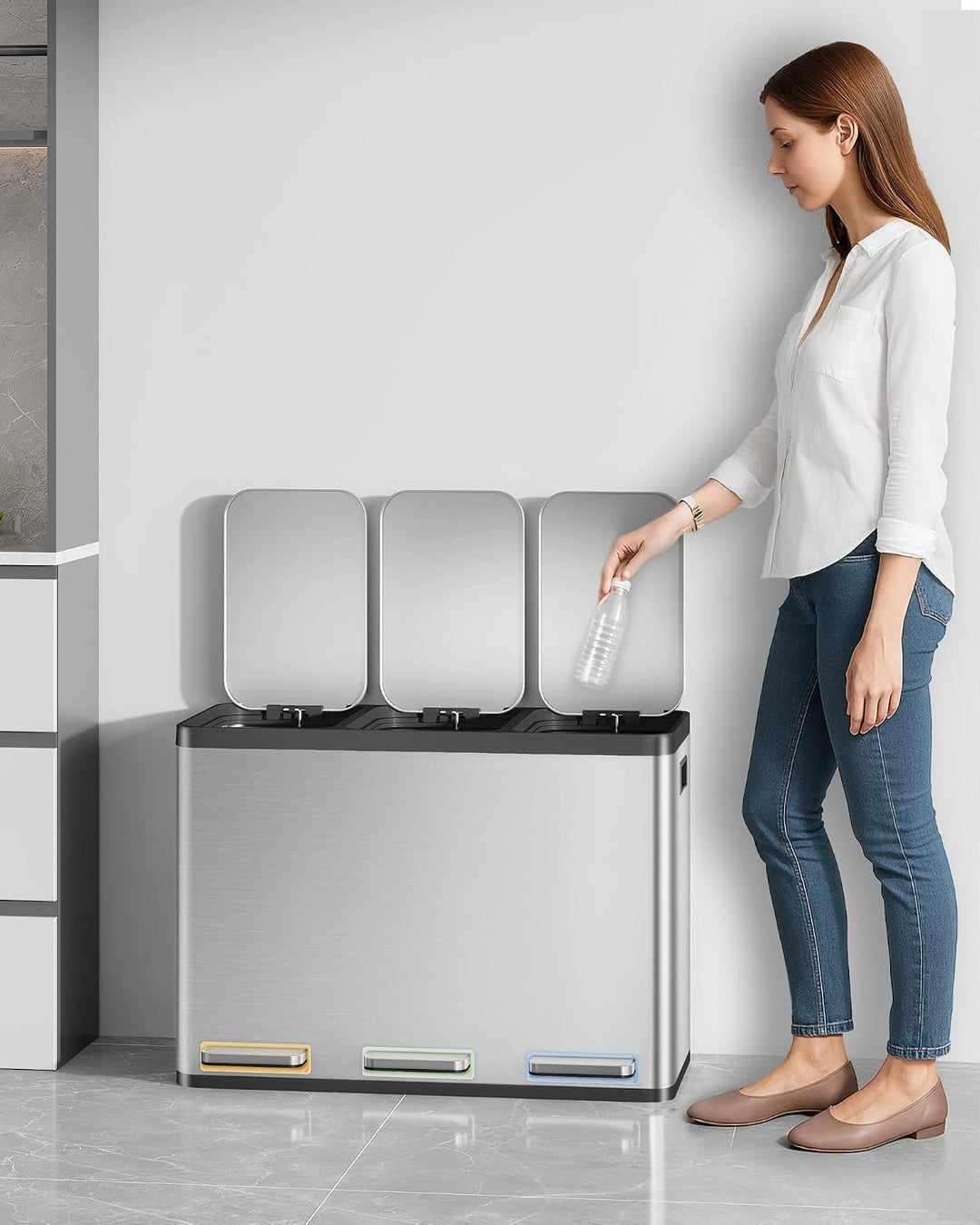 Hzuaneri Mülleimer Küche, Mülltrennsystem 3 Fächer 45L (3 x 15 L), Edelstahl-küchenmülleimer, Tretmü