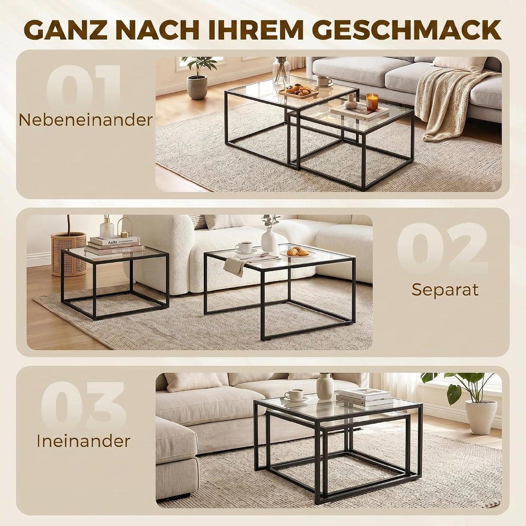 HOMCOM Couchtische 2er-Set Satztisch mit Gehärteter Glasplatte Schwarz