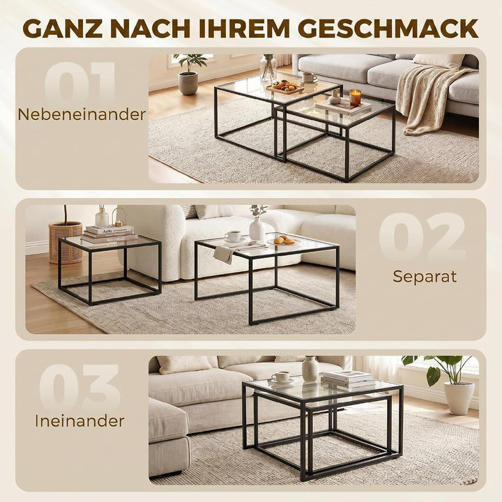HOMCOM Couchtische 2er-Set Satztisch mit Gehärteter Glasplatte Schwarz