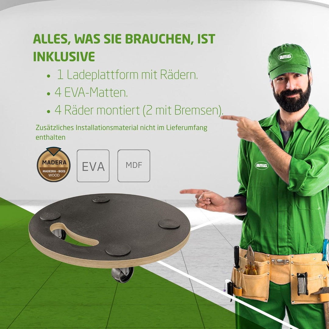 Amig - Transportplattform mit Rädern | Runder Rollständer | 4 rutschfeste Matten | Ø30 cm | Max. Bel
