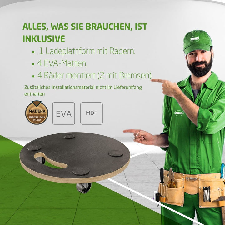 Amig - Transportplattform mit Rädern | Runder Rollständer | 4 rutschfeste Matten | Ø30 cm | Max. Bel