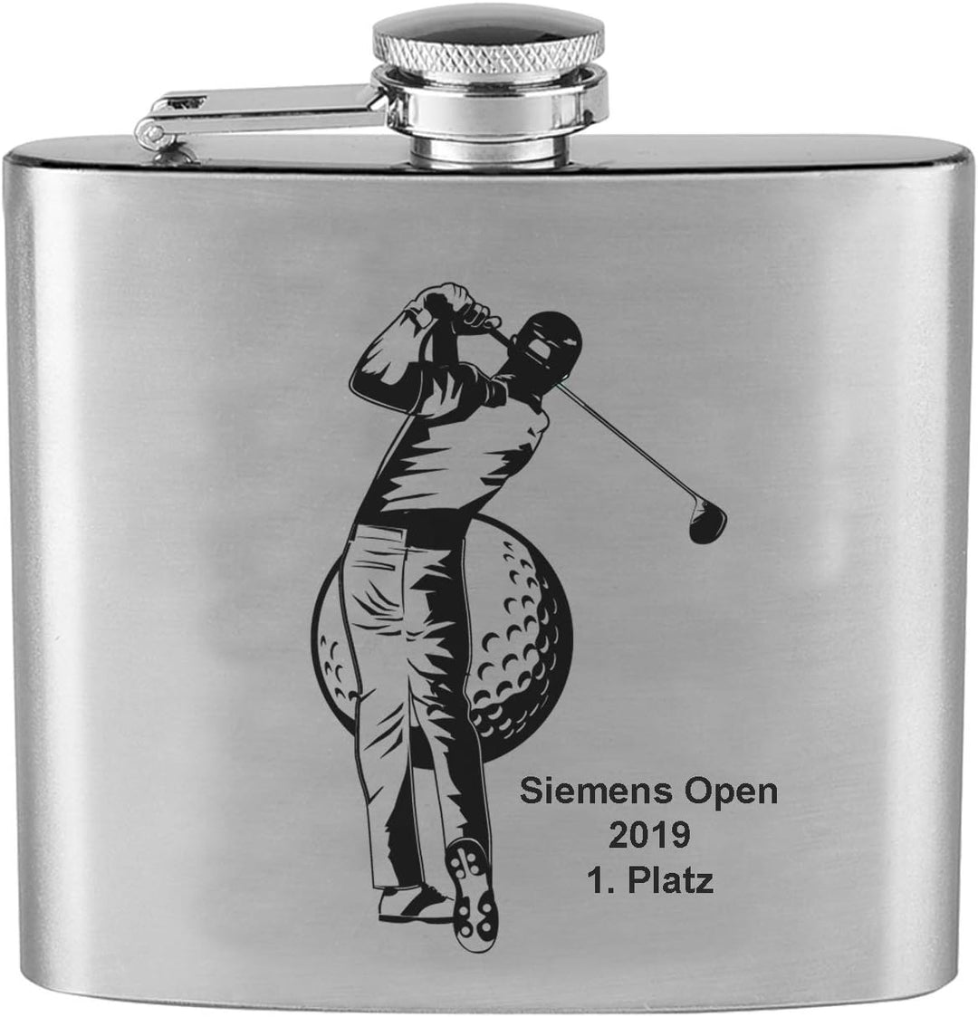 generisch Flachmann mit Gravur Golf mit Wunschgravur, Original Edelstahl personalisiert, Golfspieler