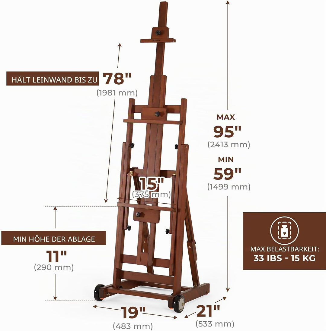VISWIN H-Staffelei Holz Gross für Doppelleinwand, In Waagerechte, Verstellbare &amp; Mobile Atelierstaff