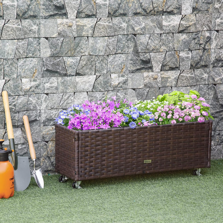 Outsunny Hochbeet Poly Rattan mit Rollen Pflanzkasten mit Abflusslöchern Blumenkasten Blumenkübel Ka